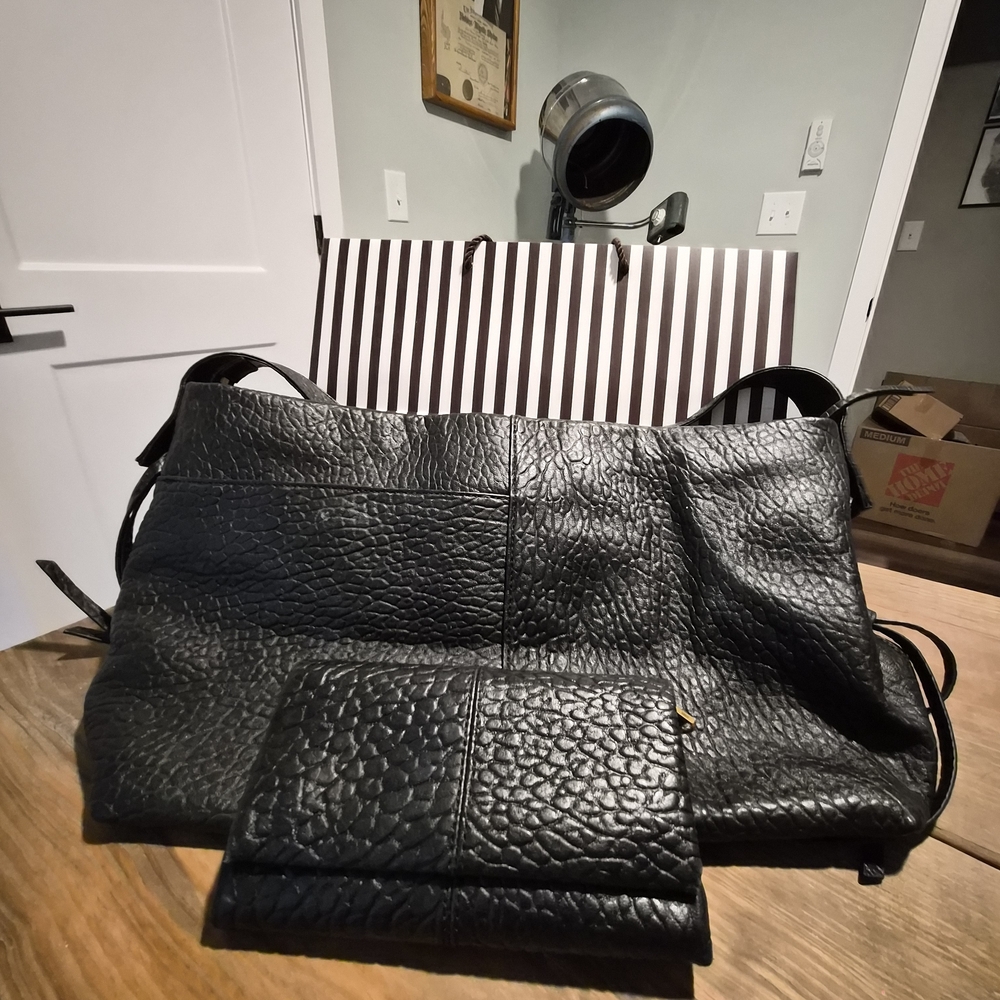 HOBO Black Textured Hobo Bag with Matching Wallet